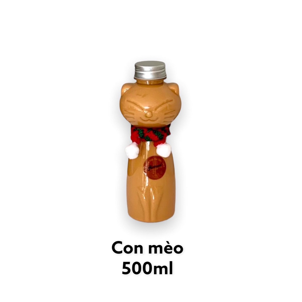 Chai nhựa PET 500ml Hình con mèo có in mắt mũi dán stickers , phụ kiện nón len,khăn choàng ,dây đeo