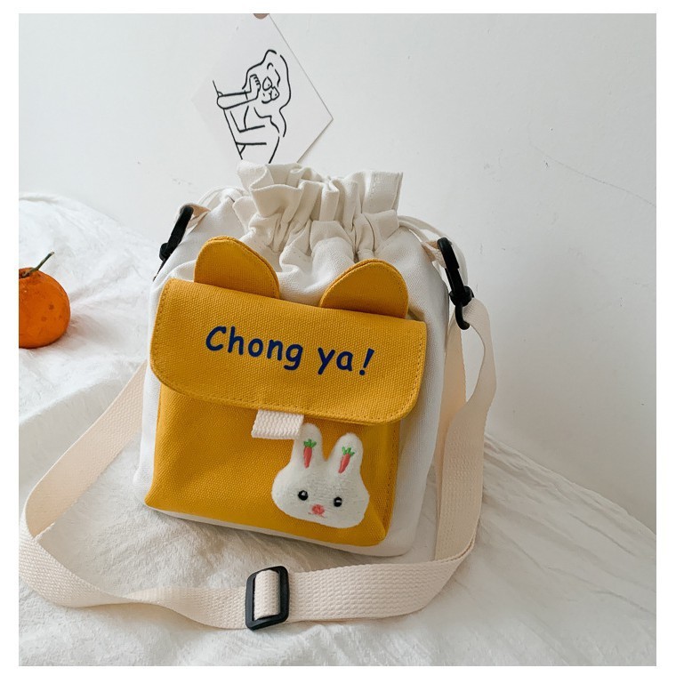 Túi đeo chéo rút miệng phong cách xách Nhật Bản thời trang cho nữ Vải Canvas Tặng Kèm 1 Sticker