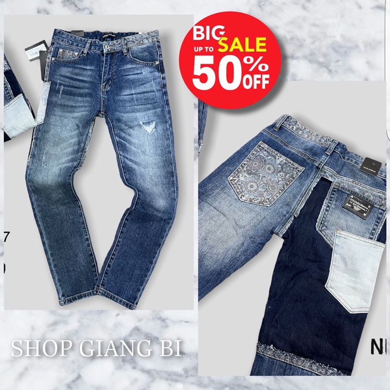Quần jean nam màu xanh dolce,quần bò nam vá hoa D.G màu xanh
