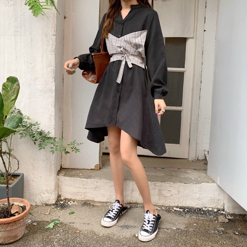VÁY NỮ ULZZANG THỜI TRANG HÀN QUỐC CỔ TRỤ PHỐI SỌC CHÉO
