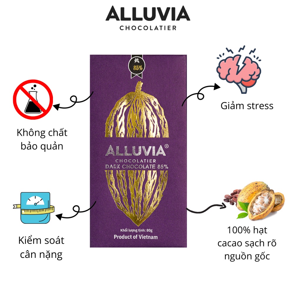 Socola đen nguyên chất ít đường đắng đậm Alluvia 85% cacao thanh nhỏ 30 gram Dark Chocolate 85% less sugar