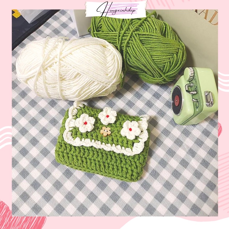 Ví nữ bằng len handmade mini nhỏ gọn đựng thẻ, Ví len bông hoa dễ thương đựng thẻ