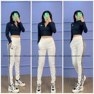 Áo croptop das dây kéo tay dài MÀU ĐEN, quần das 3 sọc không bo MÀU TRẮNG [hình thật shop chụp] Eothon60