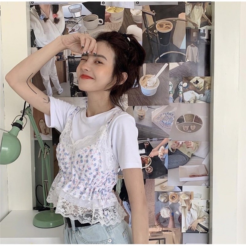 Set áo 2 dây hai dây hoa nhí croptop ren +áo thun áo phông