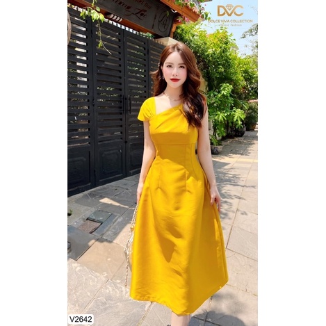 V2642 Váy vàng tafta dự tiệc  váy lệch vai dáng xoè dài -  Dolce viva colection