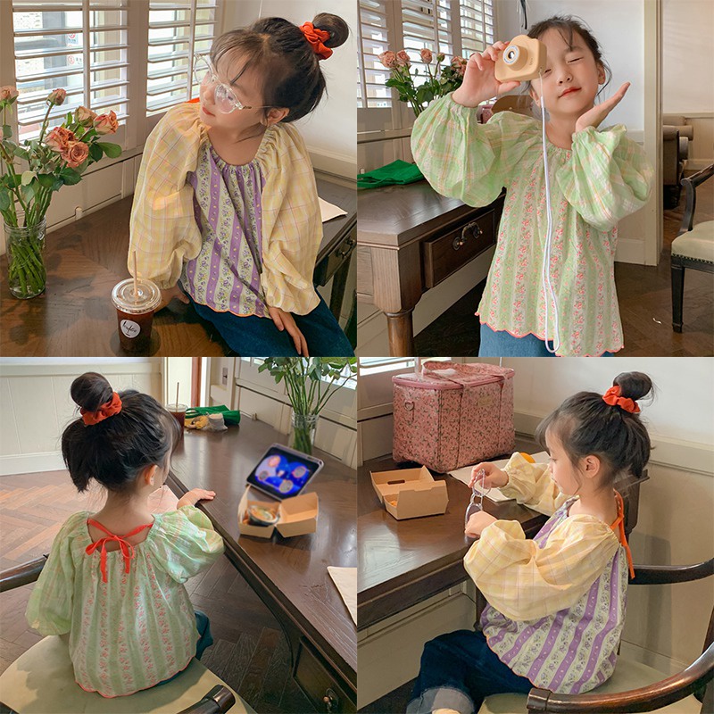 Áo Sơ Mi Chiffon Cổ Tròn Thắt Nơ Sau Lưng In Họa Tiết Hoa Phong Cách Hàn Quốc Thời Trang Xuân Thu Cho Bé Gái