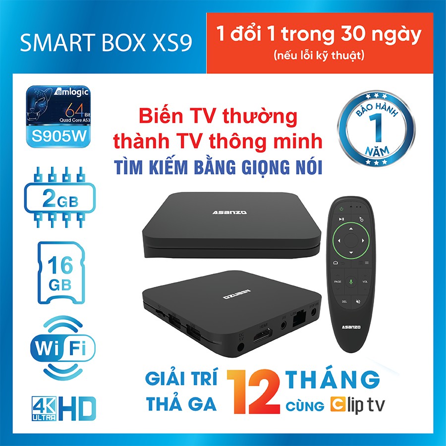 Smart Box Android Box 4K Asanzo XS9 (CPU 4 Nhân, RAM 2GB, Miễn Phí 12 Tháng Clip TV, Bộ Nhớ Trong 16 GB, Kết Nối Wifi)