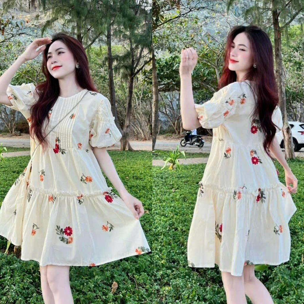 Đầm váy nữ babydoll  in hoa dáng xòe tay phồng cổ dập ly siêu đáng yêu thời trang nữ dịu dàng thanh lịch