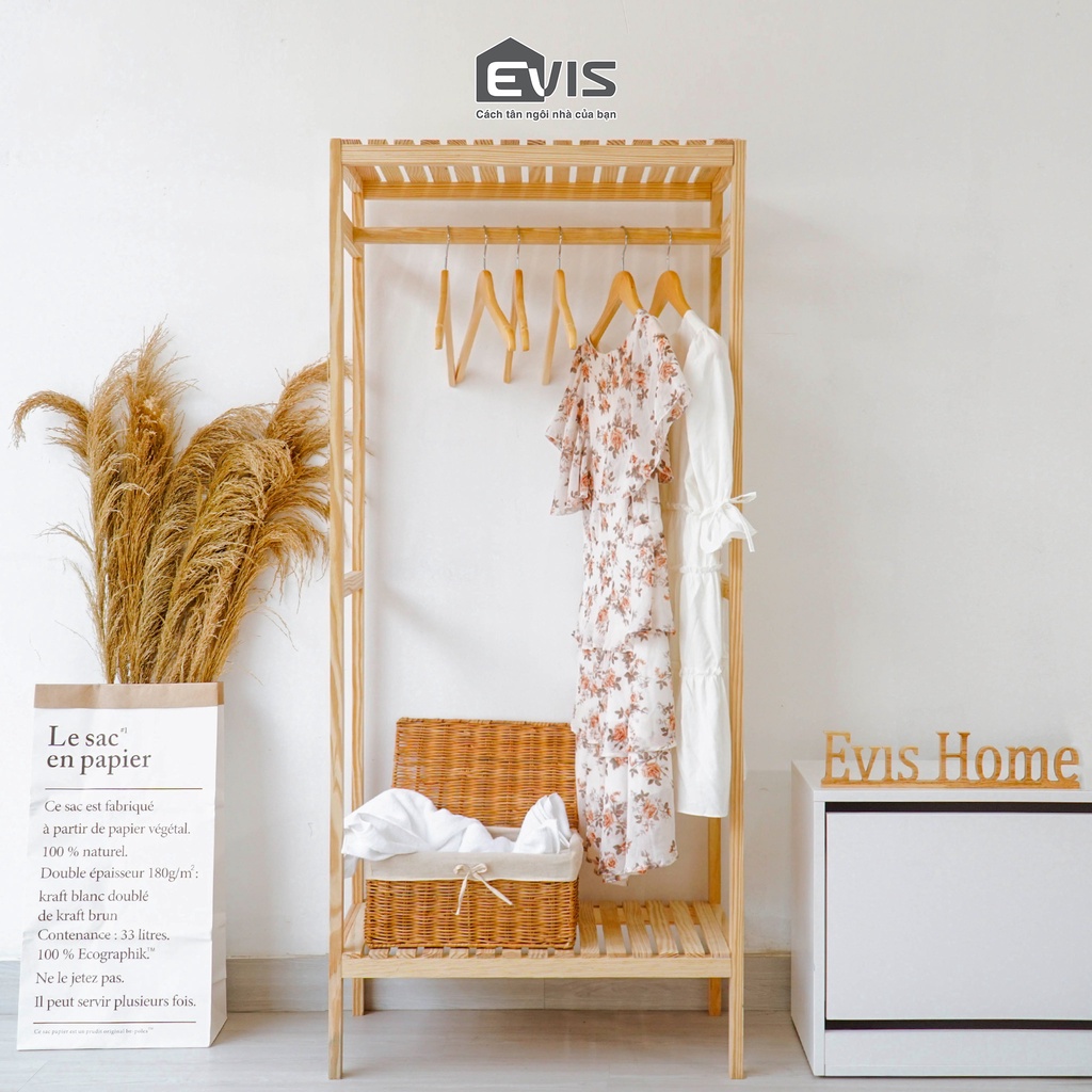 Tủ Treo Quần Áo Evis Home - Thiết Kế 1 Ngăn Gọn Gàng - Khung Gỗ Thông Bền Chắc - Dễ Lắp Ráp Và Di Chuyển - Màu Gỗ