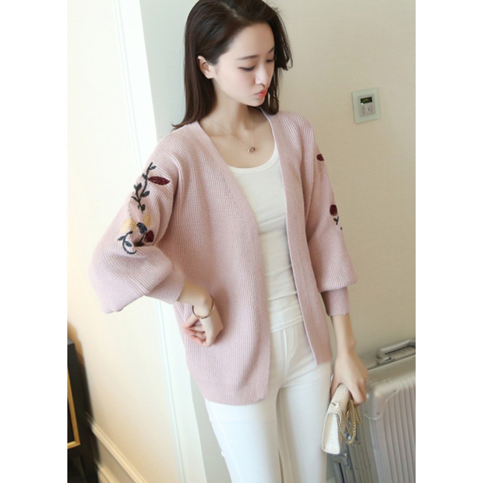 Áo Len Nữ Thu Đông Kiểu Khoác Nhẹ Cardigan Thêu Hoa Mẫu Tay Bồng May_ALN022 MayBlue-video thật