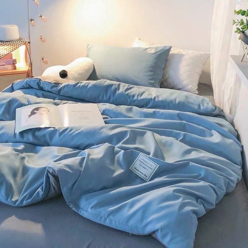 Trọn Bộ Chăn Ga Gối Cotton TC Cao Cấp Hizun - Xanh Biển Phối Ghi