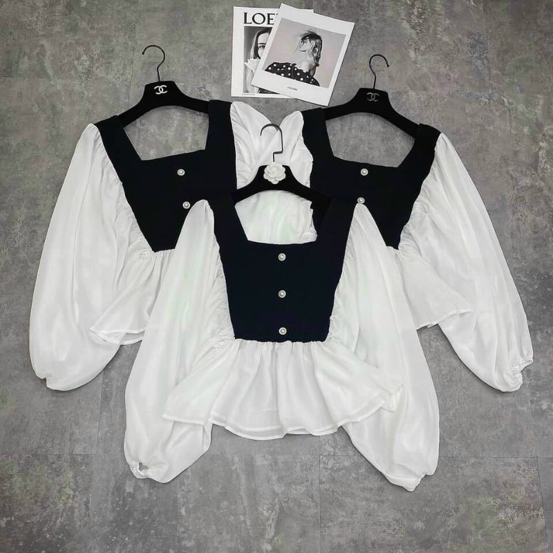 Áo tay phồng cổ vuông phối nút xinh xắn PC❤