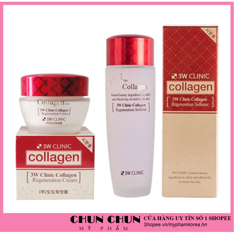 Bộ dưỡng trắng da săn chắc chiết xuất từ Collagen 3W Clinic Hàn Quốc giúp da sáng mềm mịn [Nước Hoa Hồng+ Kem]