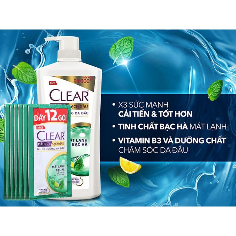 Combo 3 dây dầu gội Clear bạc hà 10 gói x 6G