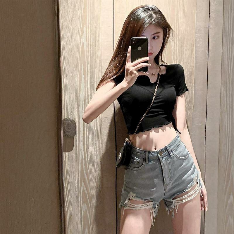 Áo Croptop Cổ V Dây Rút 1 Bên GenY Áo Kiểu Nữ Cuốn Biên Chất Borip Mềm Mịn -CR6 | BigBuy360 - bigbuy360.vn