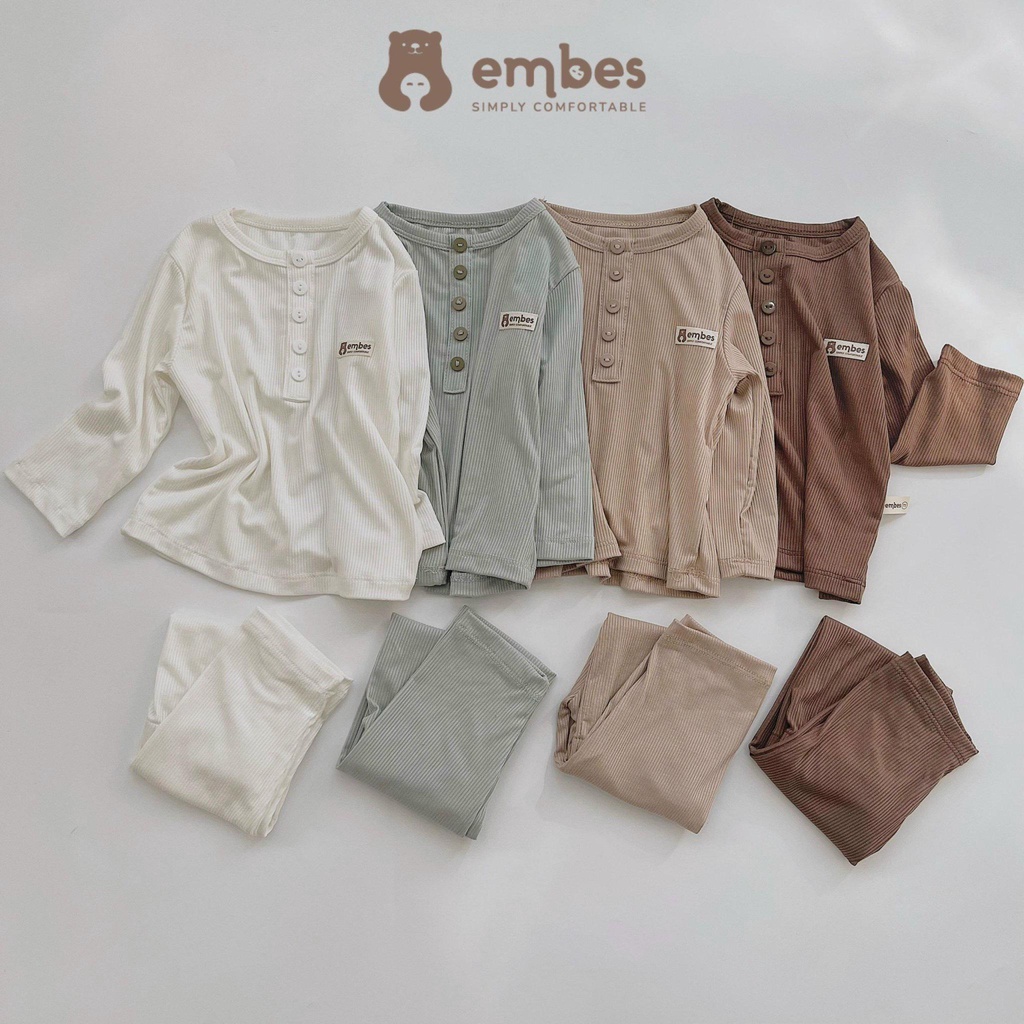 EMBES Bộ thun gân tăm dài tay cho bé, bộ đồ thu đông cho bé mặc nhà cho bé trai bé gái