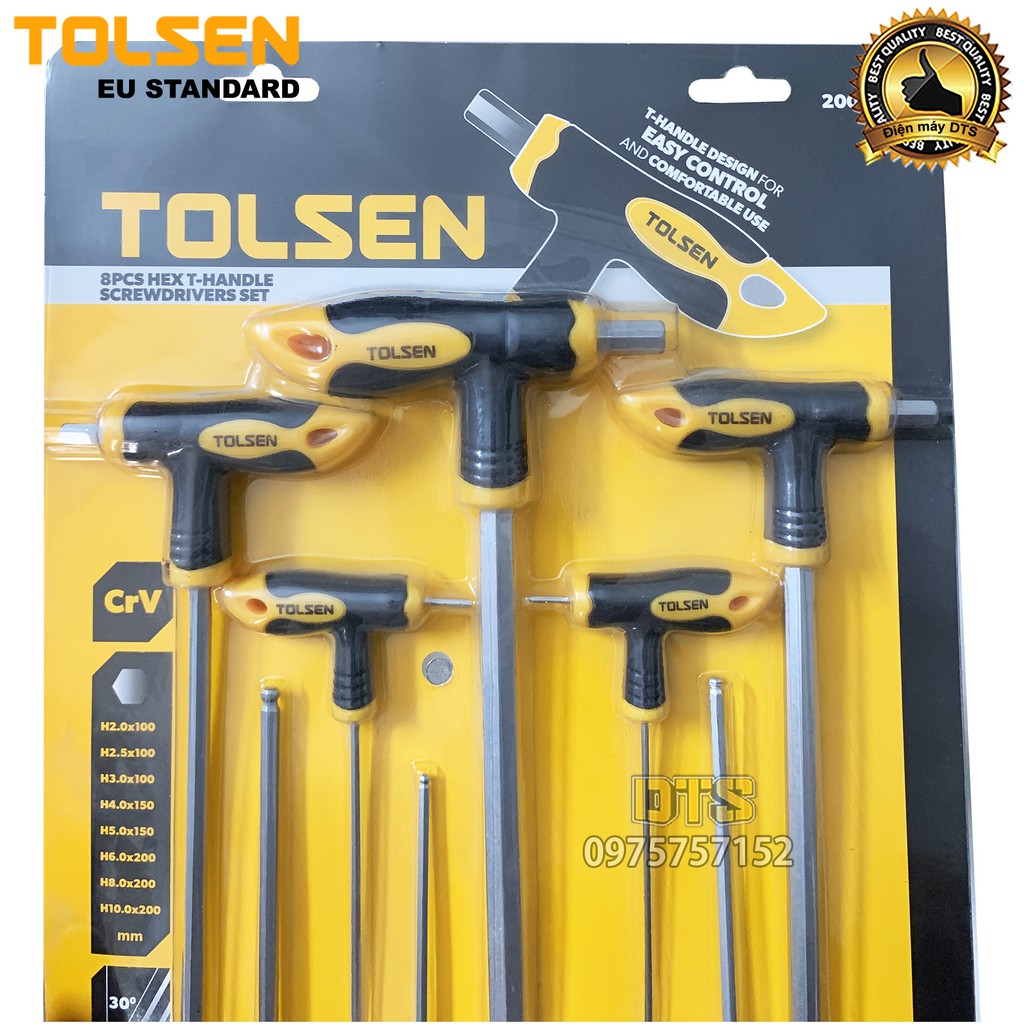Bộ 8 tay vặn lục giác chữ T công nghiệp TOLSEN, bộ chìa vặn chữ T đầu lục giác, thép CrV cao cấp - Tiêu chuẩn châu Âu