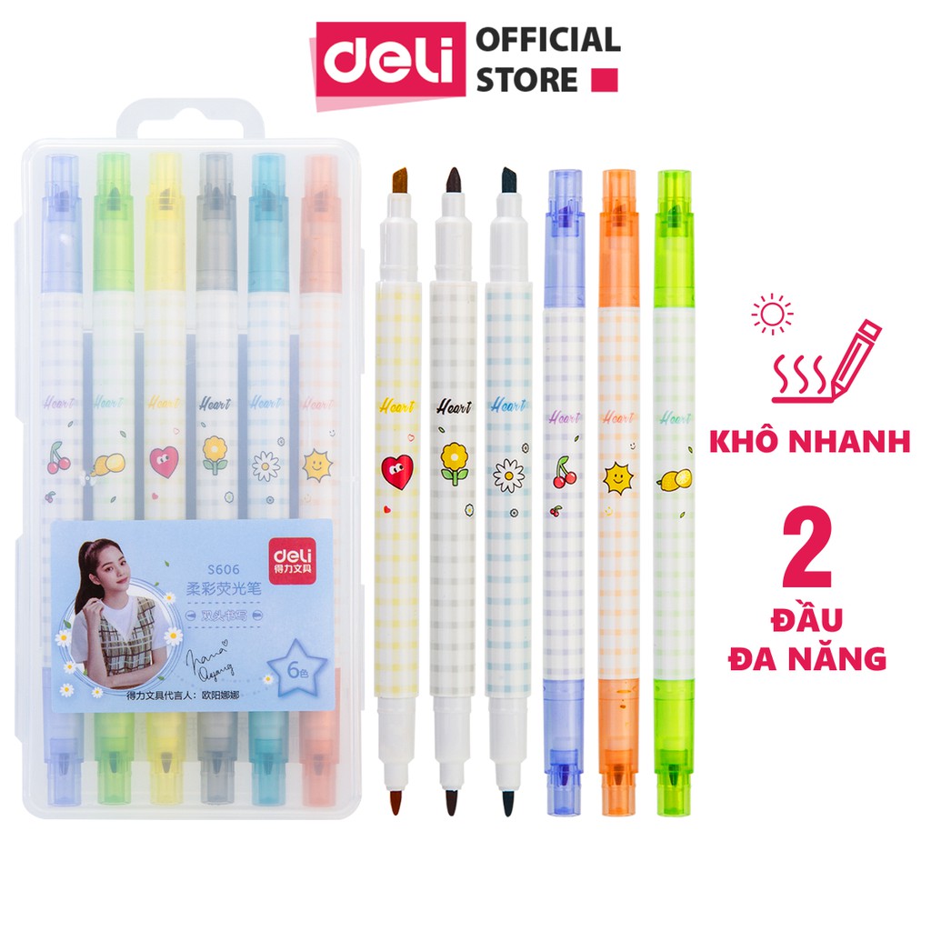 Bút nhớ dòng 2 đầu Deli - 6 màu - Nét trơn mượt, màu tươi sáng - 6 chiếc/1 Hộp - S606