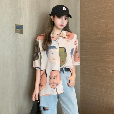 Áo Sơ Mi Ngắn Tay In Hình Khuôn Mặt Kiểu Retro Cá Tính Cho Nữ