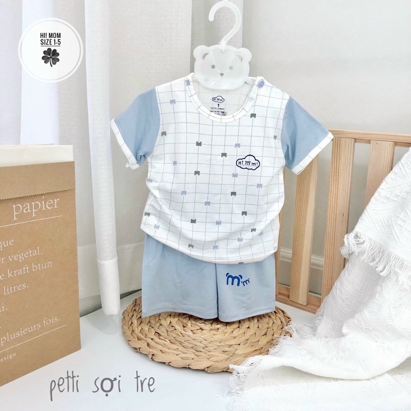 Bộ quần áo cộc tay mùa hè cổ chui cúc vai vải thun lạnh mỏng mát Hi Mom bé trai bé gái 5-14kg