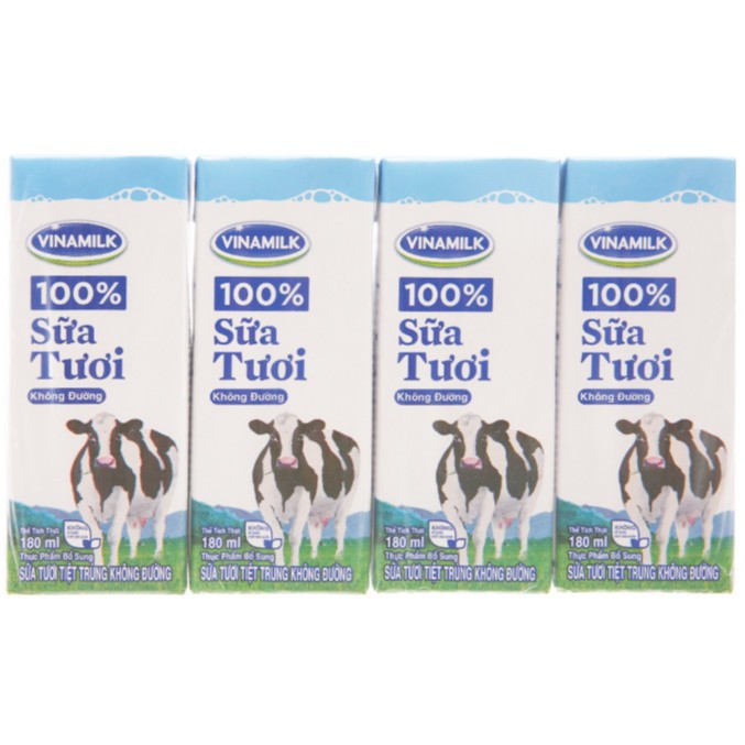 Lốc 4 Hộp 180ml Sữa Tươi Tiệt Trùng 100% Không Đường Vinamilk