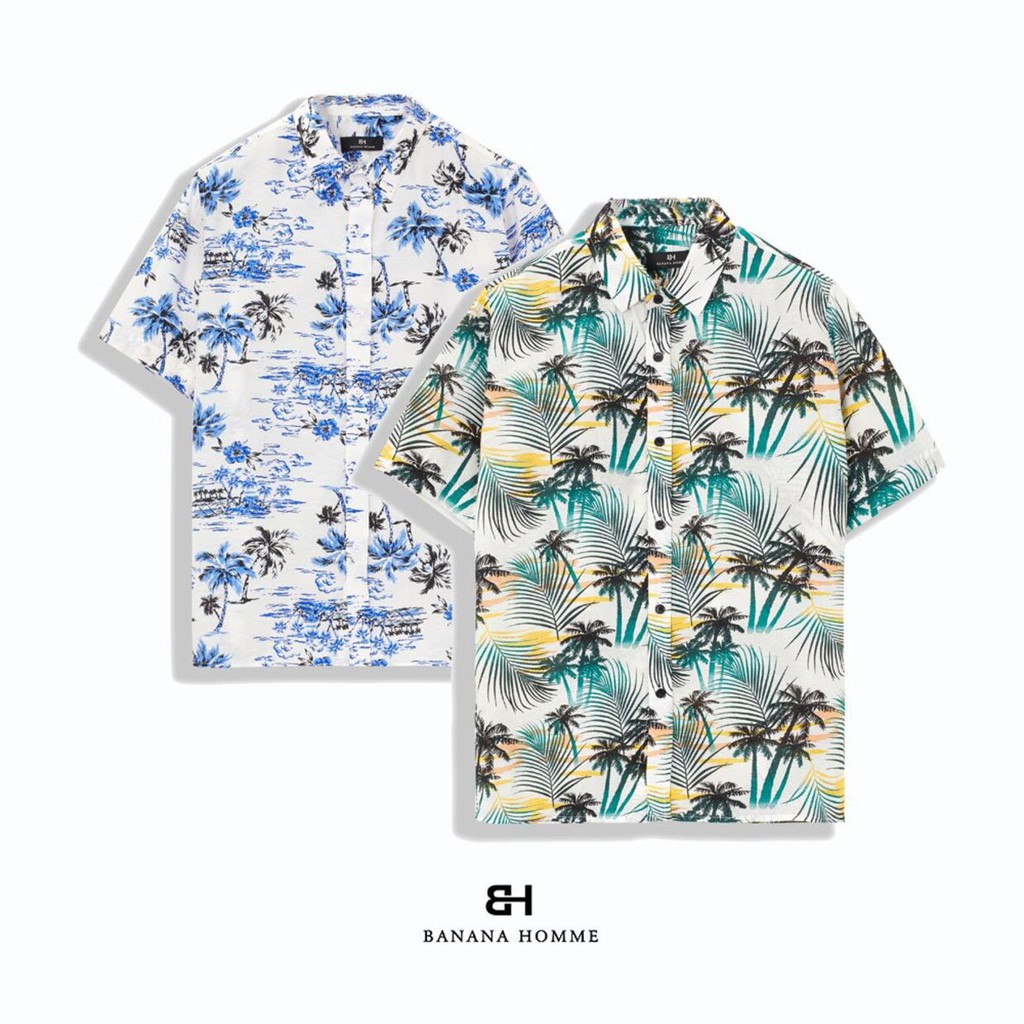 Áo Sơ Mi Nam Cổ Vest Hoạ Tiết Palm Cộc Tay BANANA HOMME Chất vải Linen thoáng mát, ít nhăn Cao Cấp, Trẻ trung 2021
