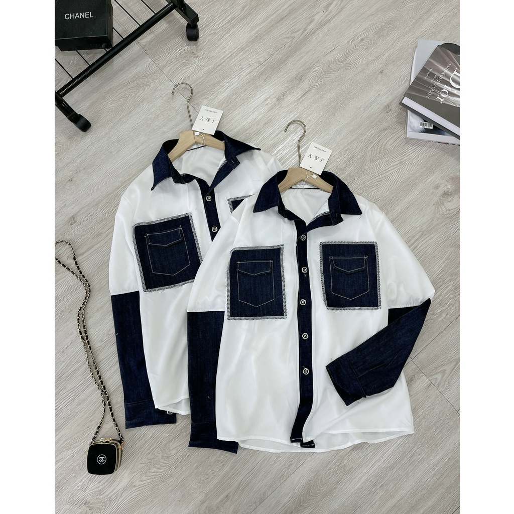 Áo sơ mi trắng nữ dáng rộng phối bò  chất thô mềm mại cá tính SM029 | BigBuy360 - bigbuy360.vn