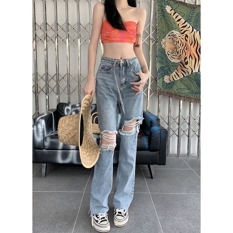Jiashucheng Quần Jean Dài Rách Gối Phong Cách Retro Cá Tính Dành Cho Nữ