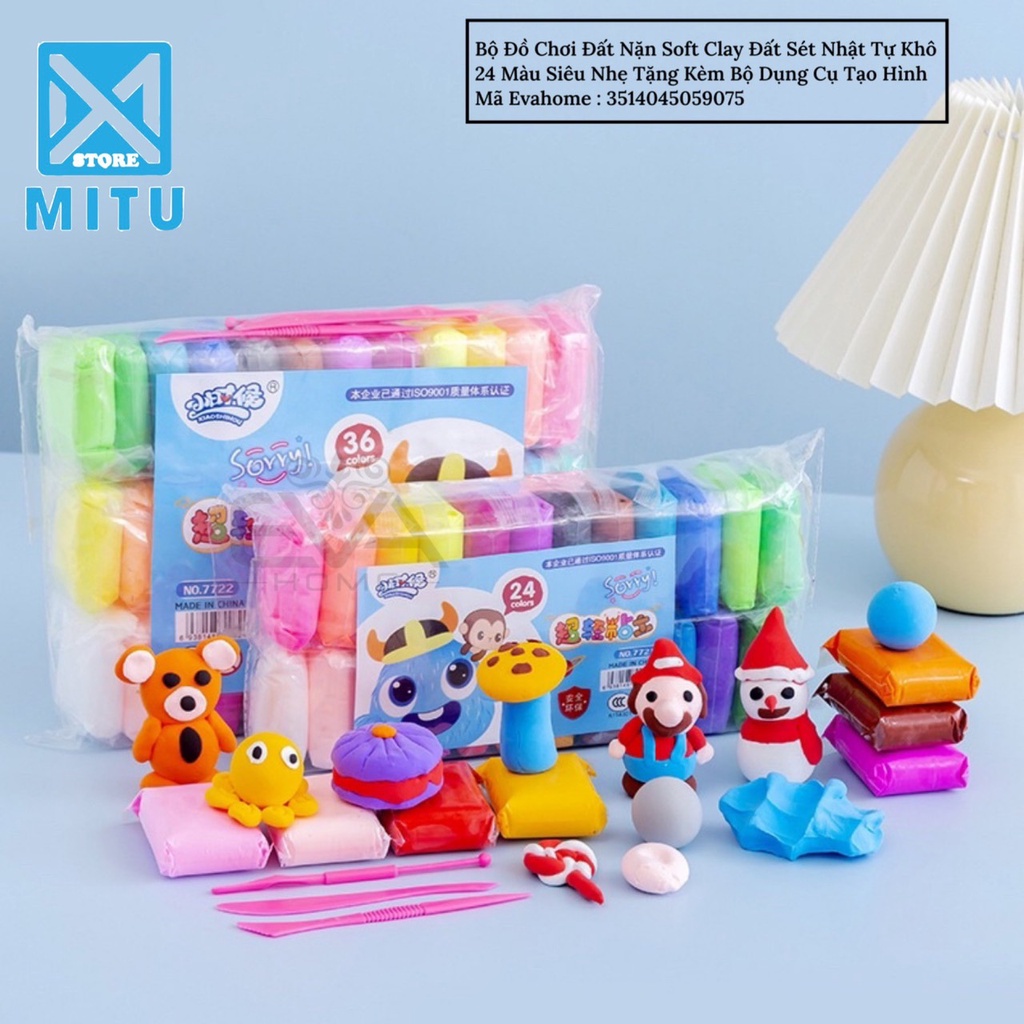 Bộ Đồ Chơi Đất Nặn Soft Clay Đất Sét Nhật Tự Khô 24 Màu Siêu Nhẹ Tặng Kèm Bộ Dụng Cụ Tạo Hình