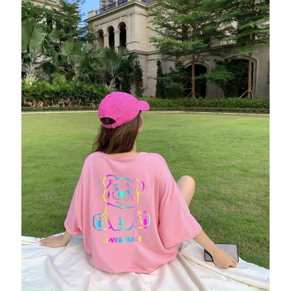 Áo thun phản quang tay lỡ nam nữ vải cotton - gấu