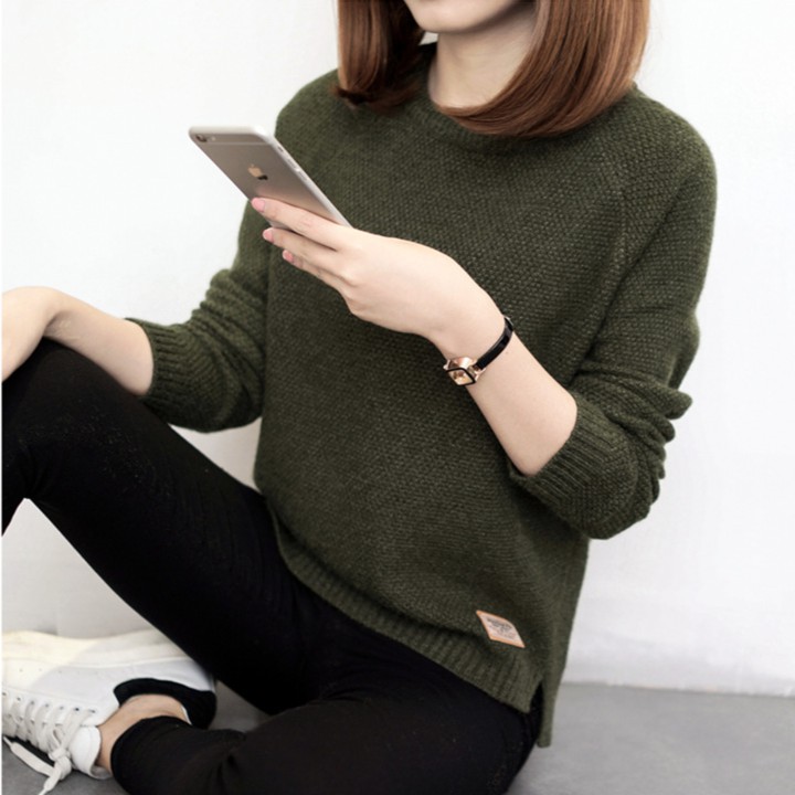 SUXI Áo dệt kim tay dài màu trơn thời trang cho nữ