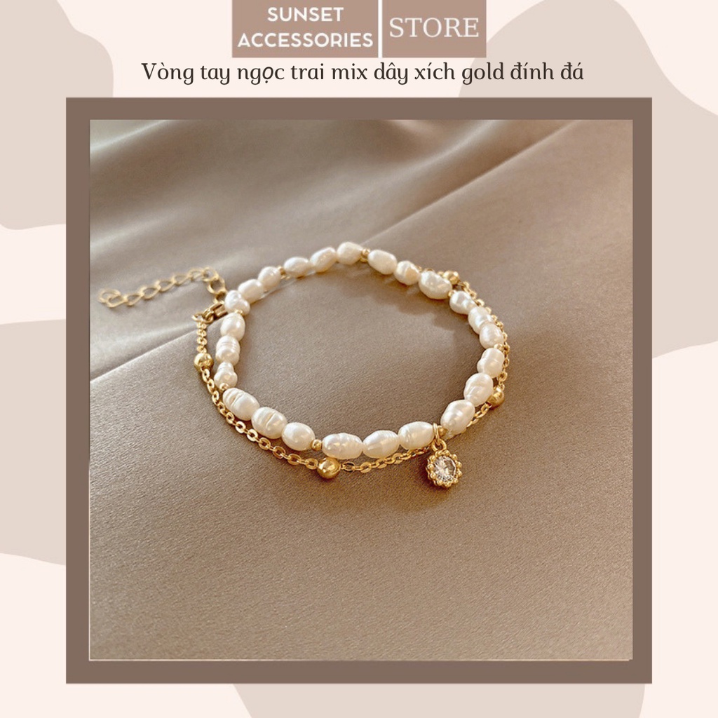 Phụ kiện Vòng tay thiết kế ngọc trai nhân tạo mix dây titan mạ vàng phong cách Retro tiểu thư Hàn quốc-SunsetAccessories