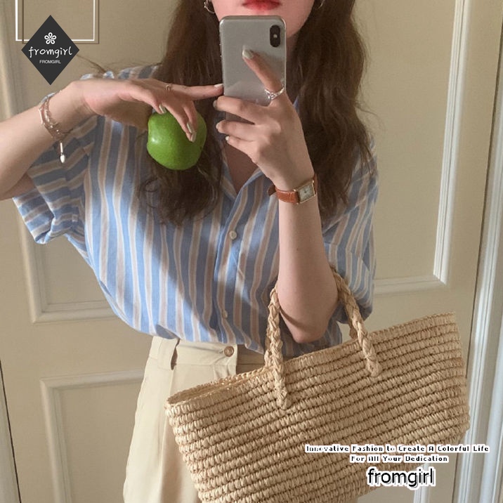 Áo Sơ Mi Tay Ngắn Dáng Rộng Họa Tiết Kẻ Sọc Phong Cách Retro Thời Trang Mùa Hè Cho Nữ