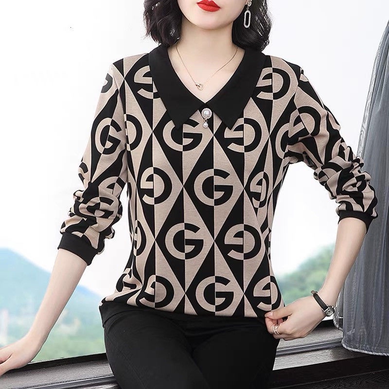 Áo thun tay dài dáng rộng in họa tiết thời trang xuân thu cho phụ nữ trung niên