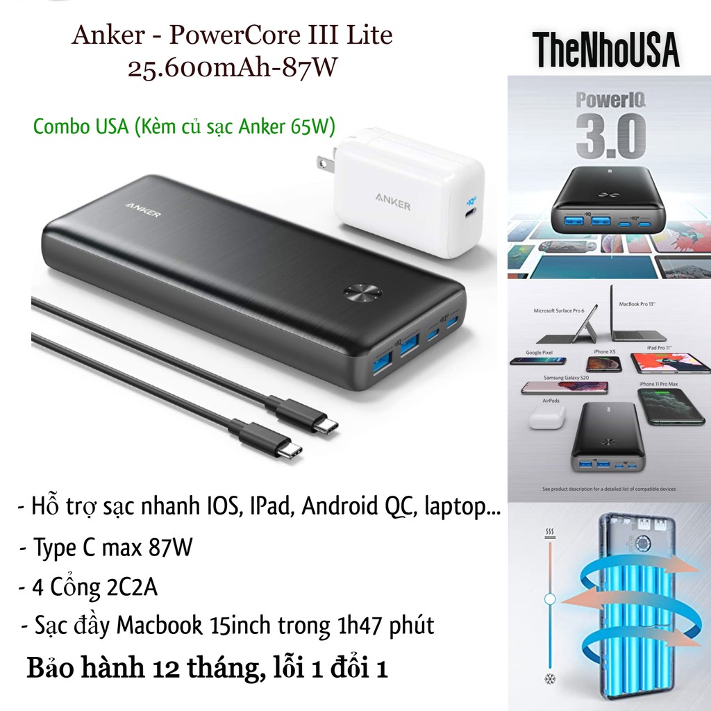 Sạc dự phòng Anker PowerCore III Elite 25.600 - PD 87W - A1291 - USA [BH 12T]