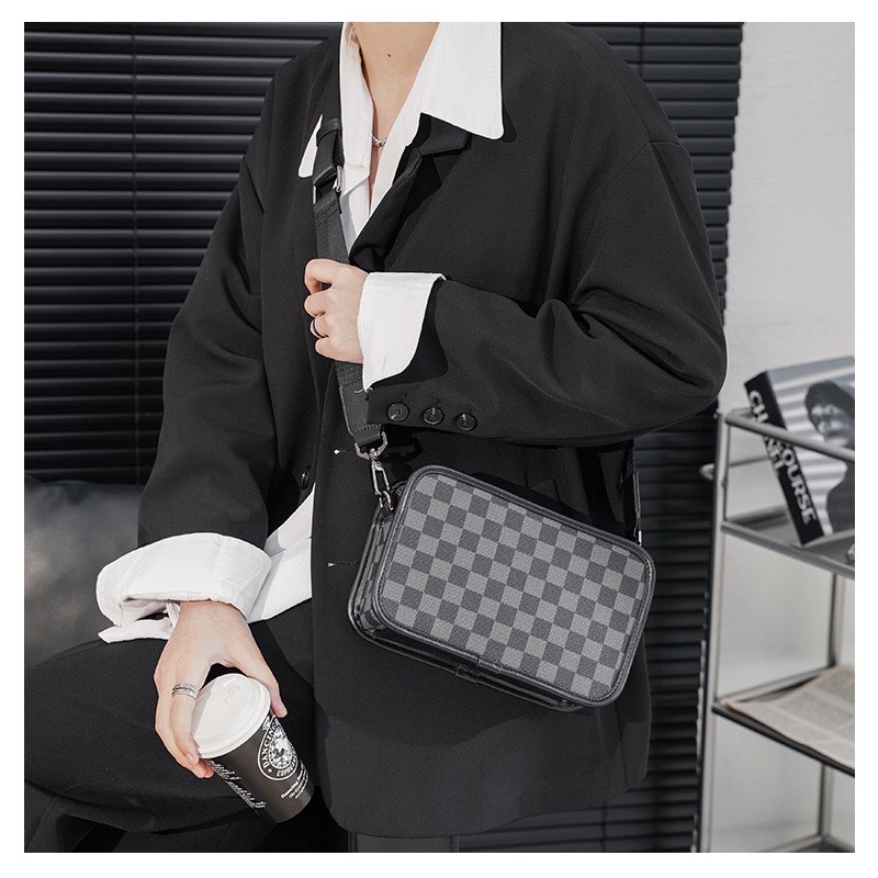 Túi xách đeo chéo nam, túi xách nam đeo ngực kiểu dáng vuông caro chống nước PA38