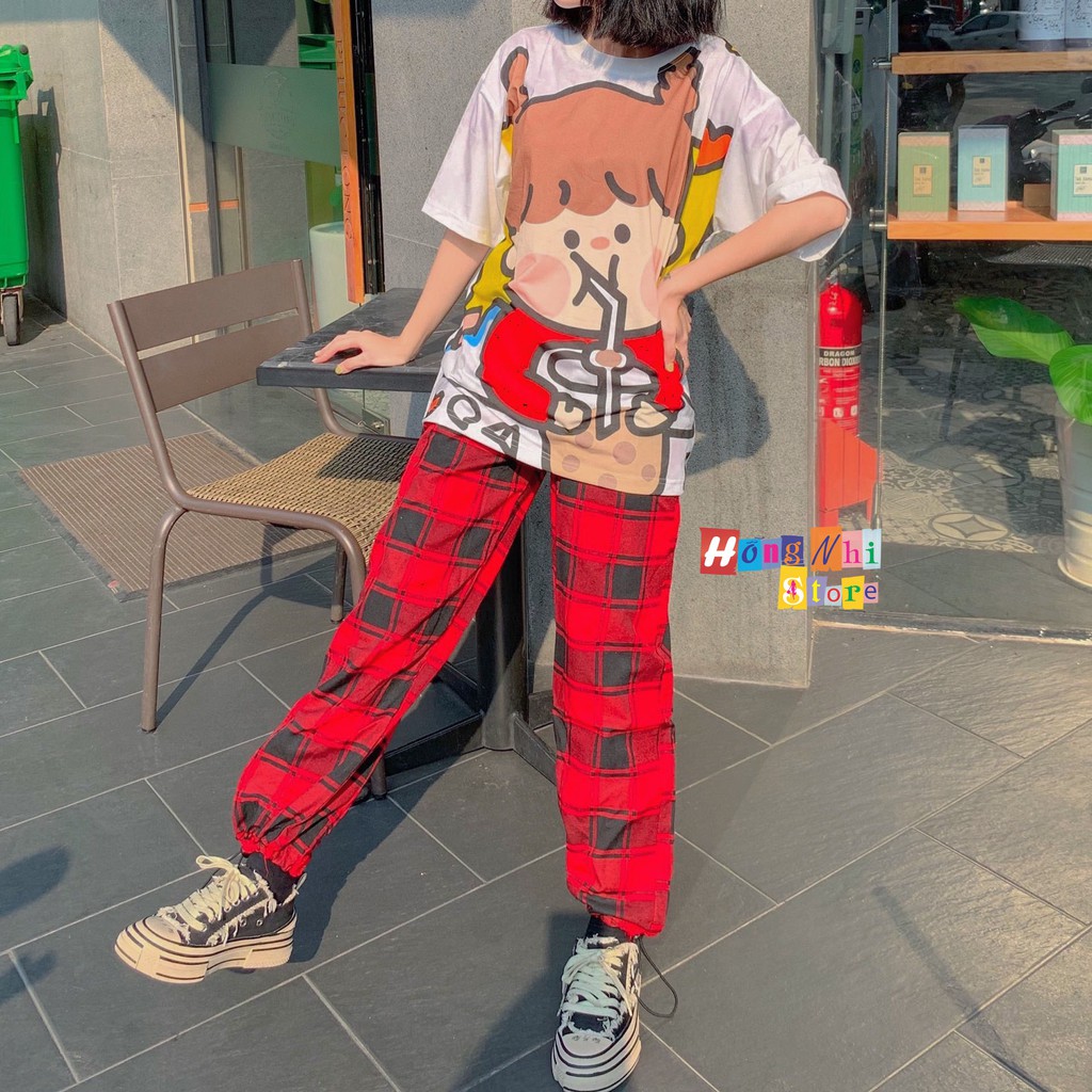 Quần Caro Dài Dây Rút Lai Ống Rộng Chun Thun Bo Lai Nam Nữ Unisex Culottes Ulzzang - MM