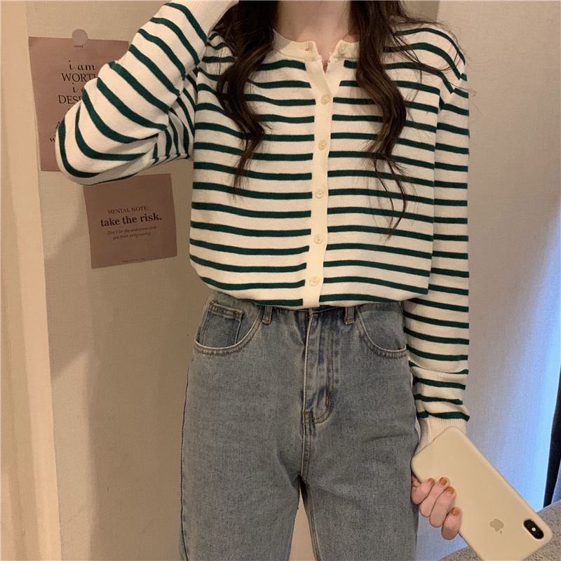 Áo Khoác Cardigan Dệt Kim Dáng Rộng Họa Tiết Kẻ Sọc Thời Trang Xuân Thu Phong Cách Hàn Quốc Mới Cho Nữ