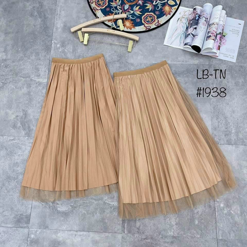 #1938  Chân váy xòe xếp ly chất vải sạn phối voan mặc 2 mặt -chân váy lưới
