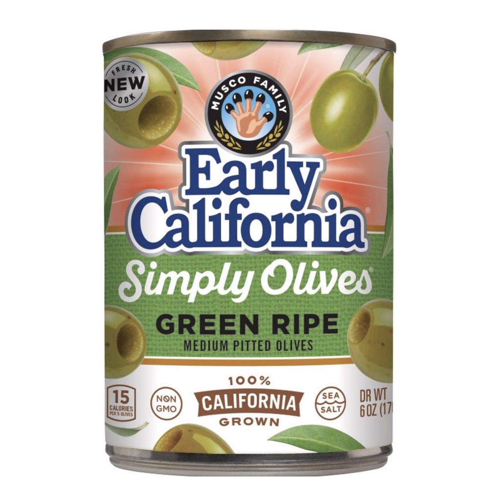 OLIVE TRÁI VÙNG CALIFORNIA CHÍN VỪA ĐÓNG LON Early California Green Ripe Medium Pitted Olives, 170g (6oz)