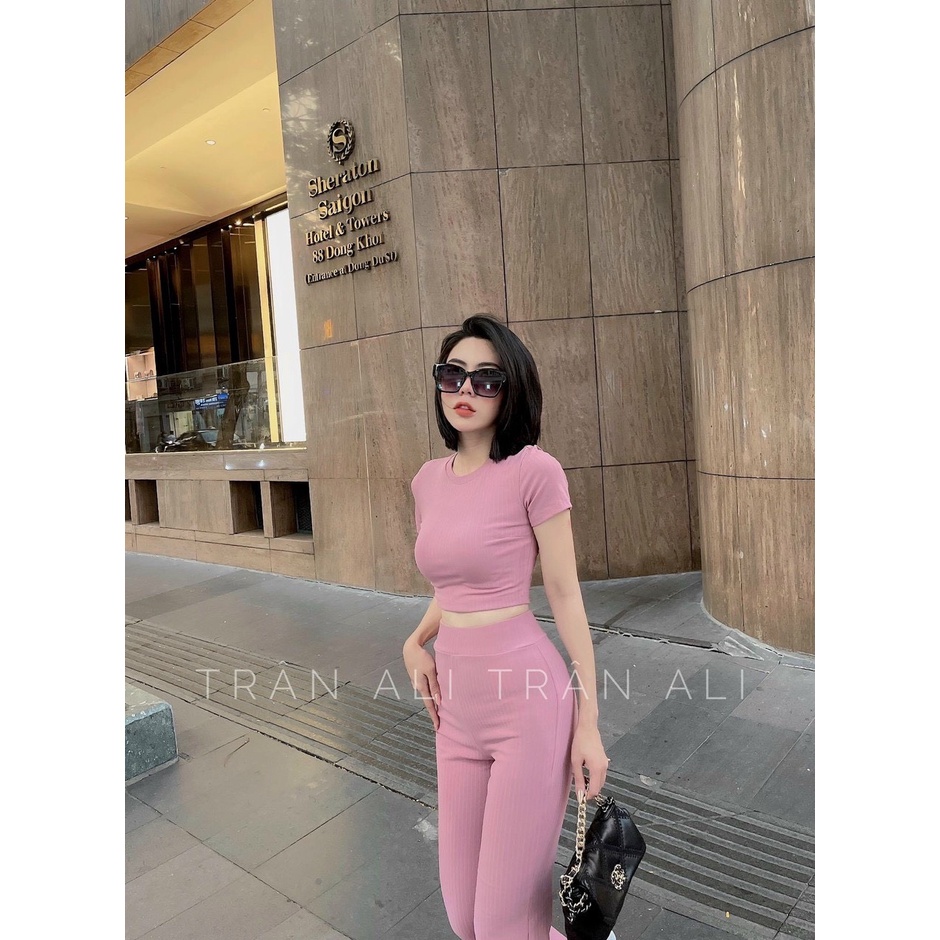 Sét bộ nữ áo kiểu croptop phối quần ống loe năng động cá tính