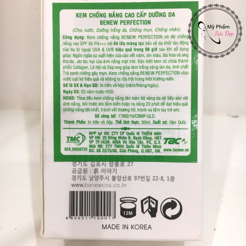 Kem chống nắng ☀️ Hàn Quốc ☀️ Kem chống nắng Benew Perfection SPF50+ PA+++ Kiềm dầu Lâu trôi Bật tông  50ml (Chính hãng) | BigBuy360 - bigbuy360.vn