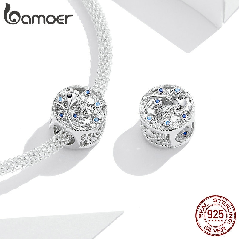 Hạt phụ kiện BAMOER BSC266 bằng bạc 925 đính đá hình cá ngựa dùng làm vòng tay DIY chất lượng cao