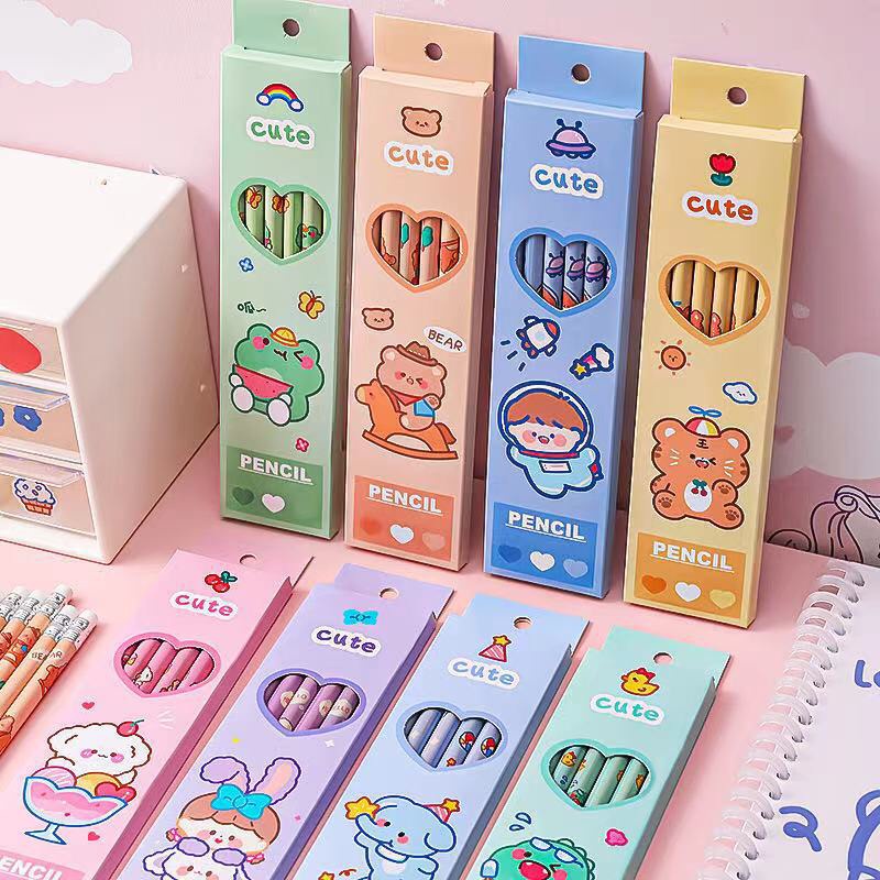 Set 6 bút chì chuốt HB cao cấp bằng gỗ kèm hộp nhiều chủ đề hoạt hình ngộ nghĩnh thích hợp làm quà cho bé