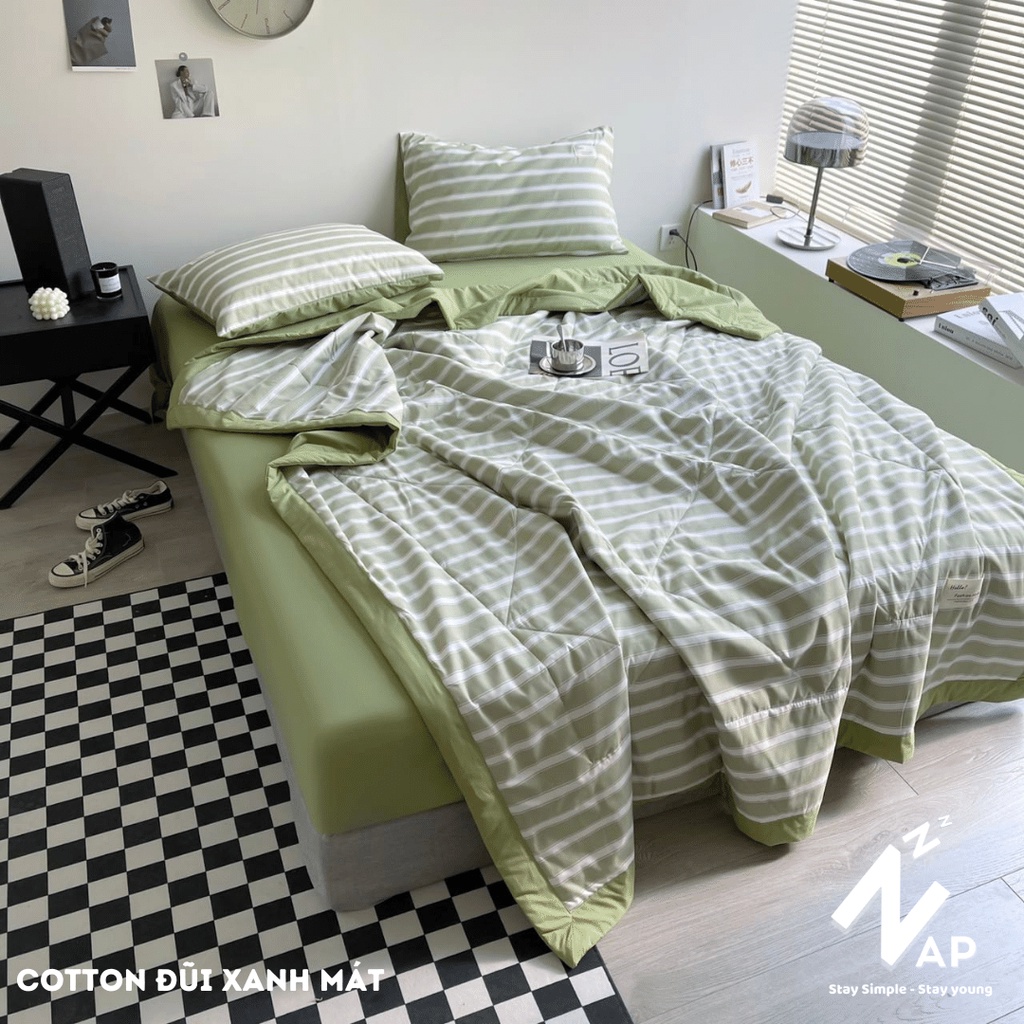 Bộ Chăn Chần Ga Gối 4 Món Cotton Đũi Caro Xanh Lá Vintage Tối Giản Thoáng Mềm Tươi Mát Size m6 m8 2m2 Napbedding