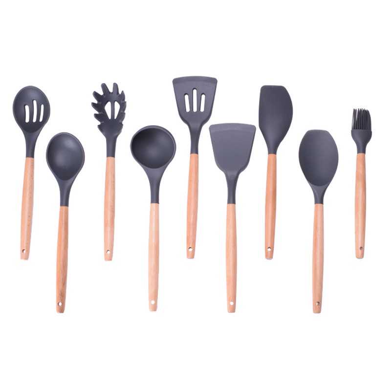 Bộ 11 Dụng Cụ Nấu Ăn Bằng Silicone Chống Dính Với Tay Cầm Gỗ Tiện Dụng Cho Nhà Bếp