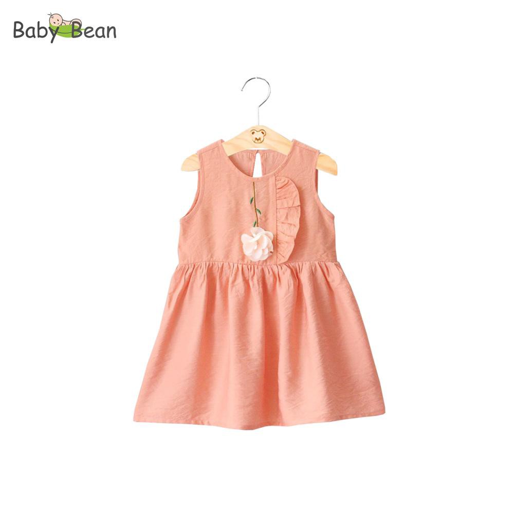 [MÃ THƯƠNG HIỆU UY TÍN Voucher giảm 10%] Đầm Đũi Tơ Bèo Dọc đính Hoa Nổi Bé Gái BabyBean