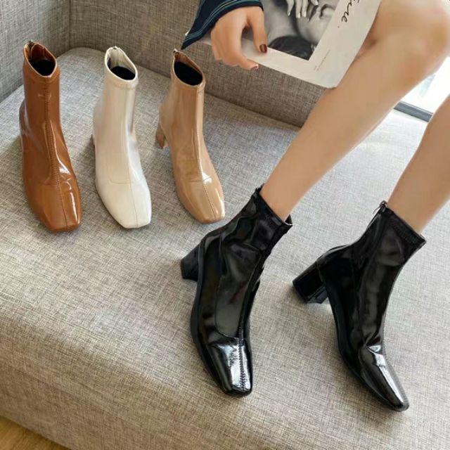 Giày nữ boots nữ da bóng đế vuông sang chảnh cá tính xịn đẹp