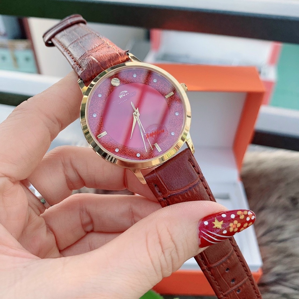 Đồng hồ đôi nam dây da ORT38 mặt xanh đỏ viền bạc vàng dây nâu đen chống nước