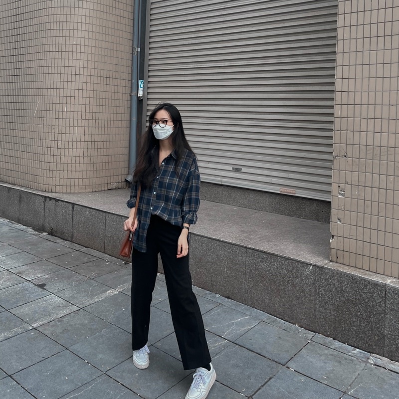 Áo sơ mi kẻ nữ hàn quốc, sơ mi nữ kẻ caro dài tay phong cách retro chất thô dày dặn ICILA SM006